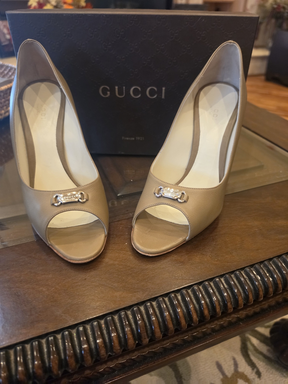 Gucci Women's Tan Peep-Toe Leather Pumps